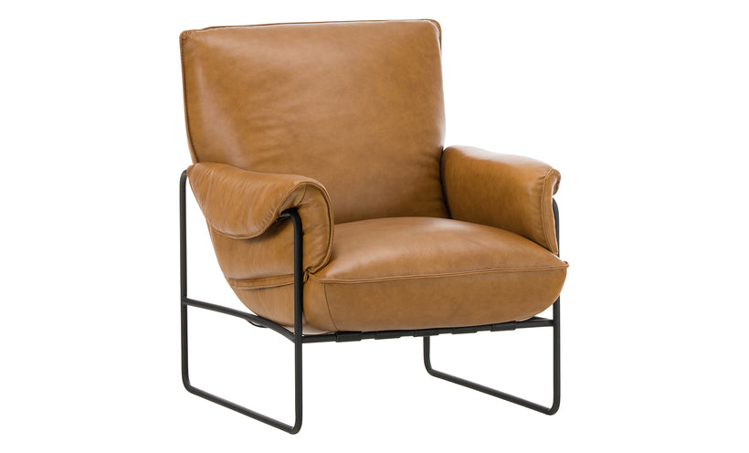 Brown leather armchair with black metal frame on a white background